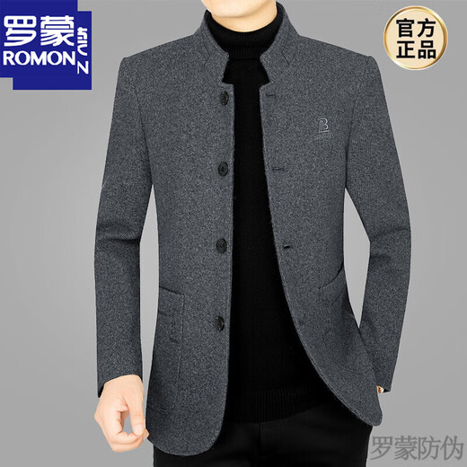 Luo Meng autumn and winter new Chinese stand collar wool casual suit tunic suit for middle-aged men slim Chinese woolen suit jacket 68153 dark gray 3XL