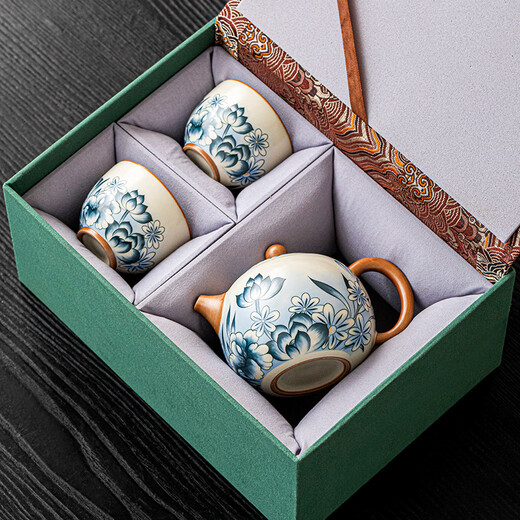 Tangfeng Ru Kiln Kung Fu Tea Set household high-end one pot and two cups personal ceramic teapot teacup gift box Ru Kiln Lotus Xishi Pot + 2 cups + gift box