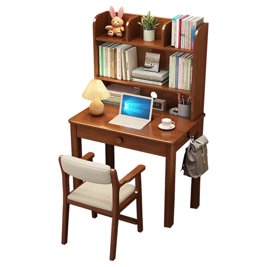 Clothmaker Clothmaker furniture solid wood small desk bookshelf integrated single computer desktop table small apartment student bedside study table 90cm long walnut color desk 90*60*75cm bookshelf version