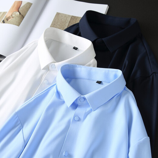 Romon shirt men's long-sleeved seamless lapel no ironing young and middle-aged young business casual professional men's shirt Father's Day gift navy blue 40