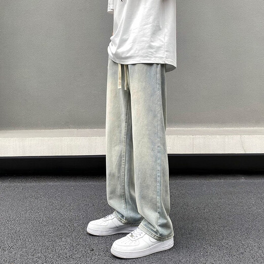 BAIQUETING American yellow mud jeans for boys in autumn and winter, loose straight casual pants, versatile washed wide-leg long pants for men, yellow mud color XL size (110 Jin Jin is equal to 0.5 kg -145 Jin Jin is equal to 0.5 kg)