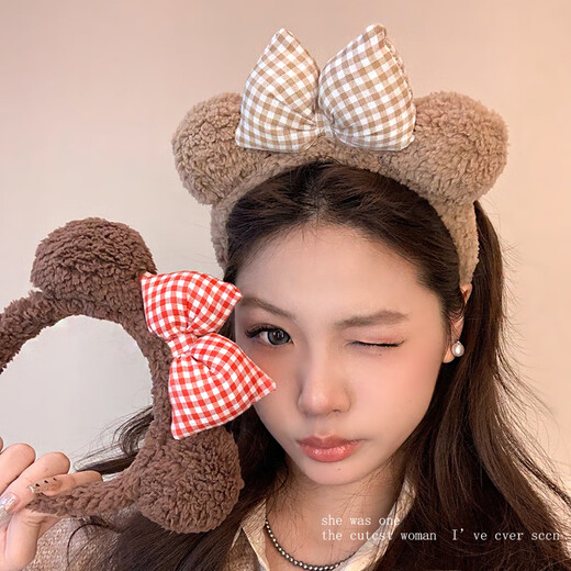 Youfang Cute Bear Ears Headband Bow Knot Plush Autumn and Winter Headband Face Wash Makeup Pressed Hair Headband Cartoon Hairpin Plush Red Bow Knot 1 Pack