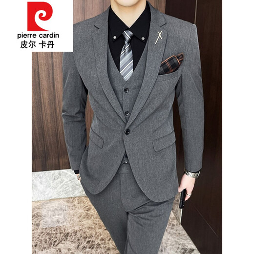 Pierre Cardin suit men's wedding three-piece Korean style casual formal suit jacket male groomsmen groom's dress knitted dark gray four-piece suit (jacket + pants + vest + white shirt) + tie M