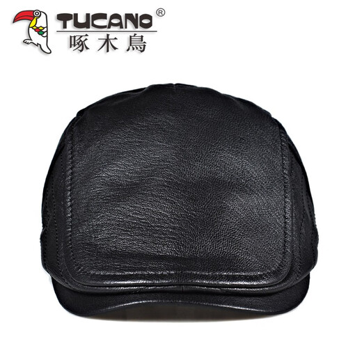 Woodpecker Spring Autumn and Winter Genuine Leather Hat Men's Peaked Cap Middle-aged and Elderly Retro Sheepskin Progressive Beret Korean Style Trendy Single Black Sheepskin Thin Style (No Ear Protection) 2XL (59-61cm) Adjustable