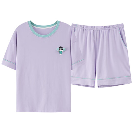 猫人睡衣女柔软舒适透气纯棉家居服宽松休闲短袖套装 货号：GH-14105 M 推荐体重80-100斤