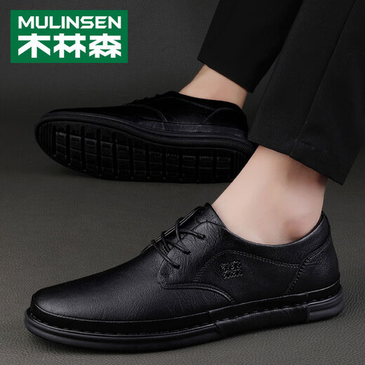 Mulinsen men's toe-layer cowhide shoes men's casual shoes spring and autumn breathable soft sole business formal shoes middle-aged dad shoes lightweight black 40 leather shoe size, choose one size larger for fatter feet