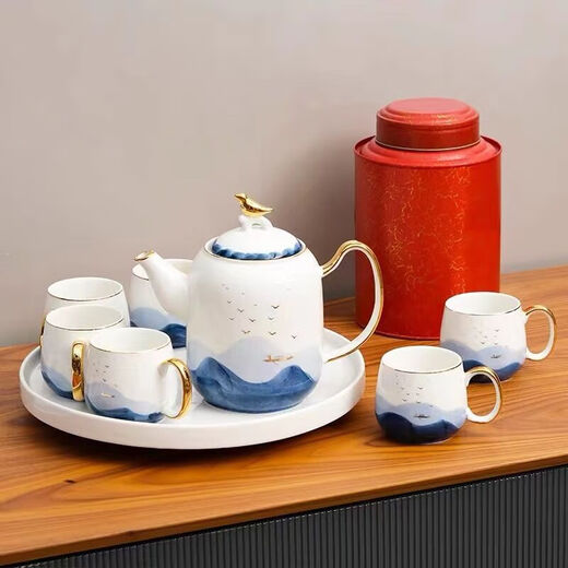 Yanze Guochao style ink ceramic water cup teapot kettle teacup cup set home living room hospitality tea set water set Guochao style ink eight-piece set-gift box