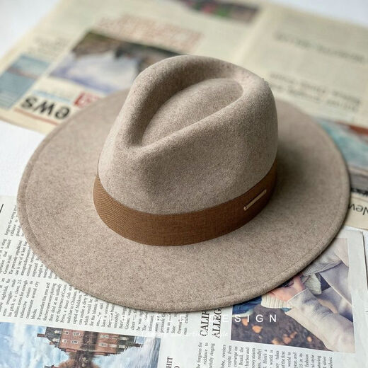 ALBINELE French new autumn and winter flat-brimmed woolen hat for men and women, fashionable wide brim black versatile European and American large head circumference camel camel (classic hot sale) M size 54-57cm head circumference (regular) adjustable