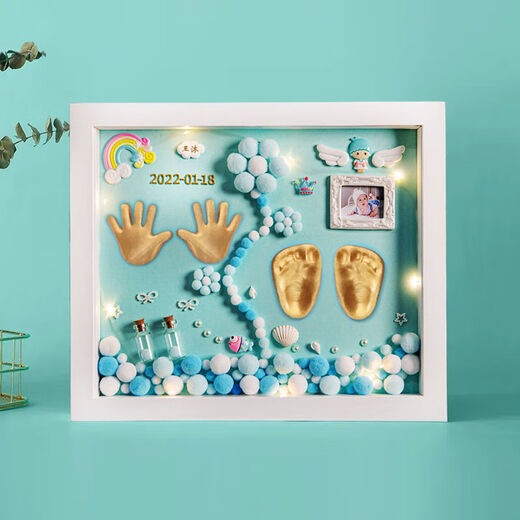 Full Moon Commemorative Hand and Foot Print Mud Photo Frame Lanugo Hair Umbilical Cord Newborn Baby 100 Days Hand and Foot Print Baby One-Year-Old Gift Welfare Style 12 Inch Angel Wings Blue Style A