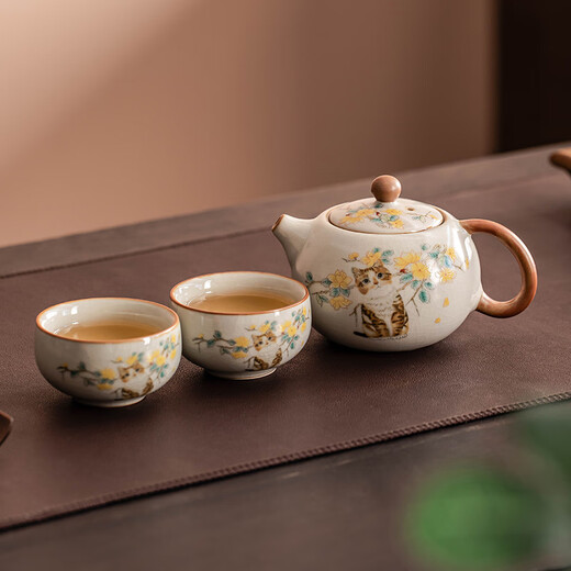 Porcelain brand tea set Ru Kiln Kung Fu tea set with tea tray household ceramic personal teapot teacup tea set beige Ru Kiln cute cat Xishi pot one pot and two cups