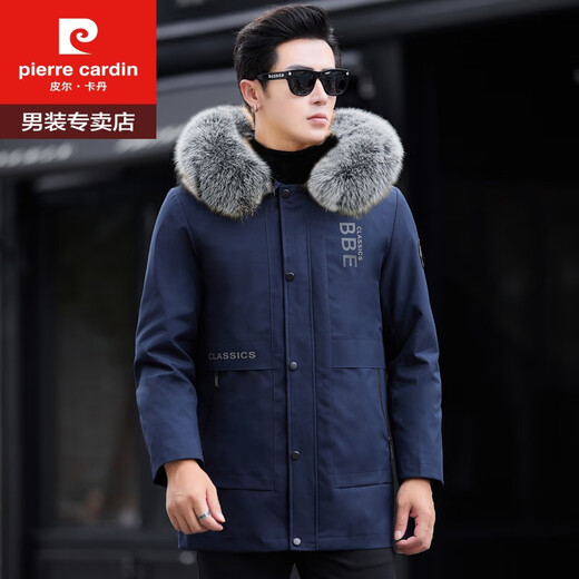 Pierre Cardin's new winter clothing men's mid-length parka fur all-in-one coat genuine mink fur lining thickened fur coat navy yellow raccoon fur collar M 170