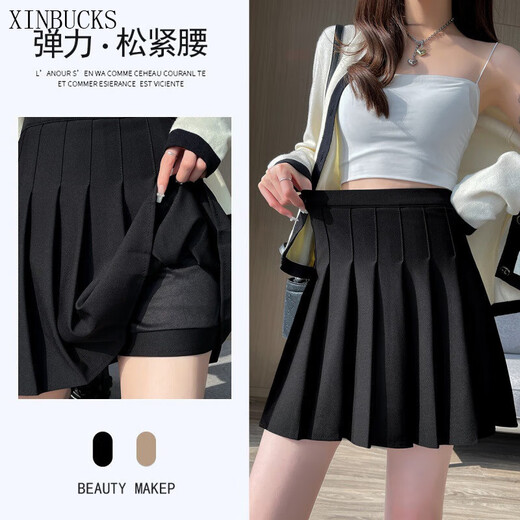 XINBUCKS Pocket Pleated Skirt Women's Short Skirt High Waist Slim A-Line Skirt Elastic Waist Skirt Spring Summer Autumn Student JK Skirt Black (Pocket Style) M Recommendation 85-105Jin Jin equals 0.5 kg