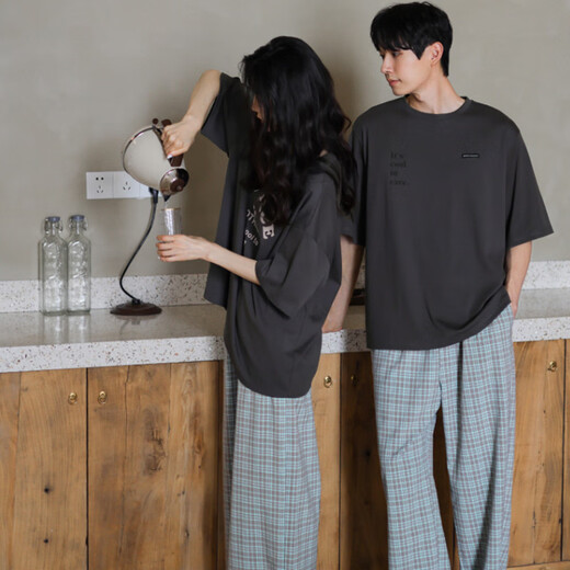 In Shimmer, summer pure cotton couple pajamas, thin short-sleeved plaid trousers set, large size cool cotton pajamas set, men's XL