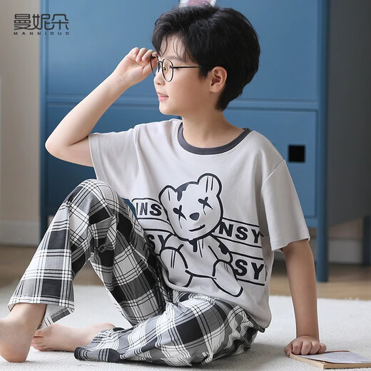 曼妮朵儿童睡衣男童短袖长裤大童家居服夏青少年全棉男孩纯棉空调服套装 N9903【短长】 140 16码建议135-145cm