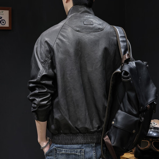 Luo Meng high-end motorcycle leather jacket men's spring and autumn 2025 new men's short comfortable large size American retro trendy brand 034 black gray L