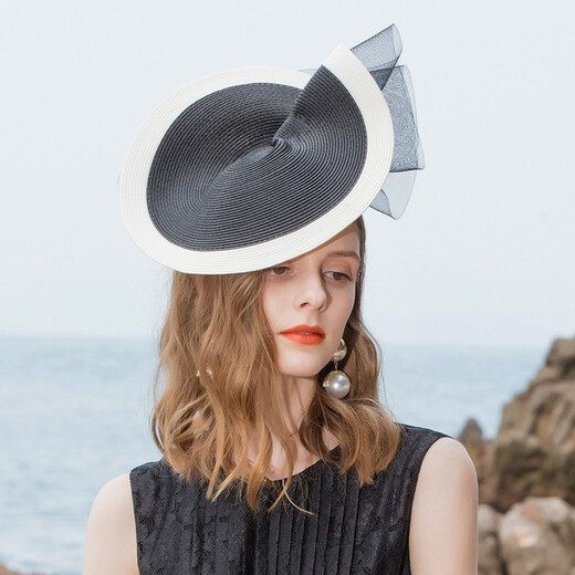 EE party hat spring and summer new style British ponytail yarn elegant party hat for women 2396 black and white contrasting colors no head size limit