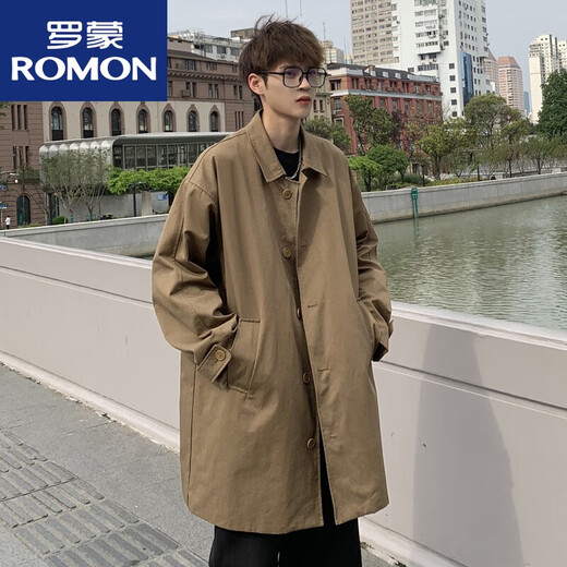 ROMON mid-length windbreaker men's coat spring and autumn British style coat handsome oversize windbreaker high street windbreaker brown L