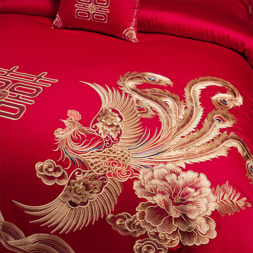 Suozhen 2024 wedding room bed four-piece set pure cotton red embroidery wedding set newlywed wedding eight-piece set dragon and phoenix congratulations 1.8 meters bed style four-piece set
