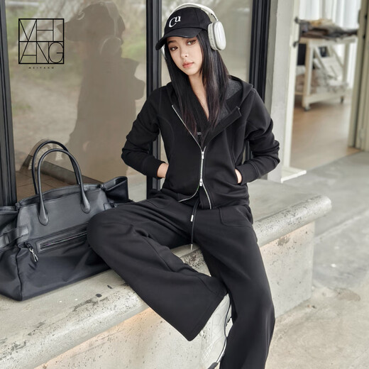 MEIYANG Aerobic Casual Suit Morning Commuting Comfortable Thin Velvet Warm Hooded Top Straight Pants Fashion Casual Suit Women Black (Top + Pants Extended Version) L