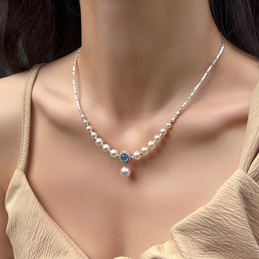 JALLOO Shijia Pearl Necklace Young Women's High-end Light Luxury Pendant Jewelry Female Birthday Gift for Girlfriend Broken Silver Shijia Beads Pearl Aquamarine Necklace