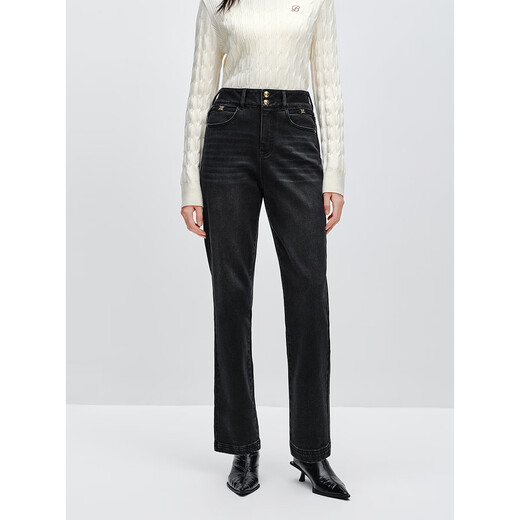 Peacebird Women's Jeans High Waist Harem Autumn and Winter Warm Denim Two Button Tapered Women's Denim Medium Black S