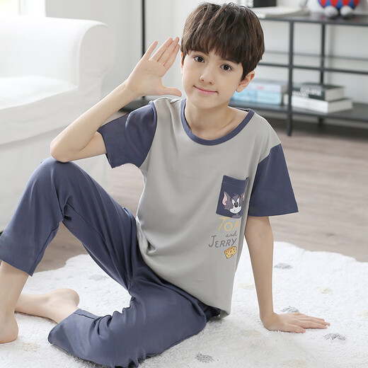 曼妮朵儿童睡衣男童短袖长裤大童家居服夏青少年全棉男孩纯棉空调服套装 N9903【短长】 140 16码建议135-145cm