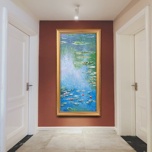 帝旗 世界名画莫奈 睡莲 纯手绘油画入户玄关装饰画走廊过道挂画竖版 692金实木框 60X120