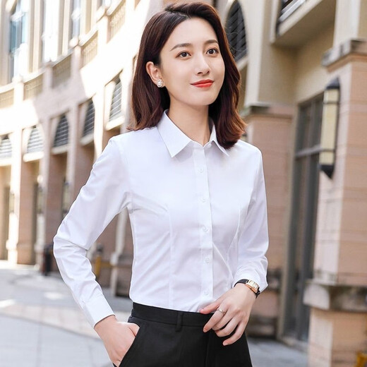 BLUE LITTLE WHITE long-sleeved shirt for women, slim fit, professional wear, business formal wear, white work shirt, no ironing, anti-wrinkle, casual interview, white (square collar), fast arrival 38 /XL (108Jin Jin is equal to 0.5kg -118Jin Jin is equal to 0.5kg)