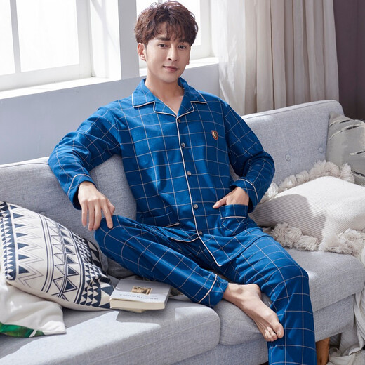 Langsha-Pyjamas für Herren im Frühjahr und Herbst aus reiner Baumwolle mit langen Ärmeln, lockerem Revers, Heimkleidung für Herren, Frühjahrs-Baumwollknopf-Hauskleidung, kann außerhalb des Anzugs getragen werden SFB3888 Herren 3XL Größe 170–185 cm/175–190 Jin Jin entspricht 0,5 kg