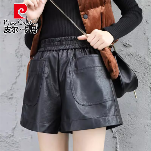 Pierre Cardin 2025 new autumn and winter versatile pu leather shorts for women with fat mm elastic waist 200Jin Jin equals 0.5kg loose slimming wide legs 6689 black XL recommended 110-130Jin Jin equals 0.5kg