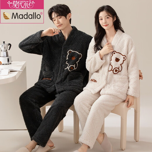 Modal flannel couple pajamas autumn and winter thickened warm coral velvet women's cartoon winter men's home wear suit kimono flannel M7820 main picture M women's 80-95Jin Jin is equal to 0.5 kg