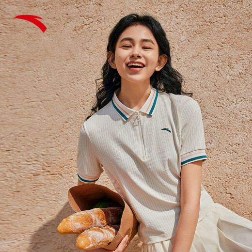 Anta Guan Xiaotong's same style ice silk T丨Women's summer new lapel UPF50 + sun protection short-sleeved POLO shirt 162423105 ivory white-1XL