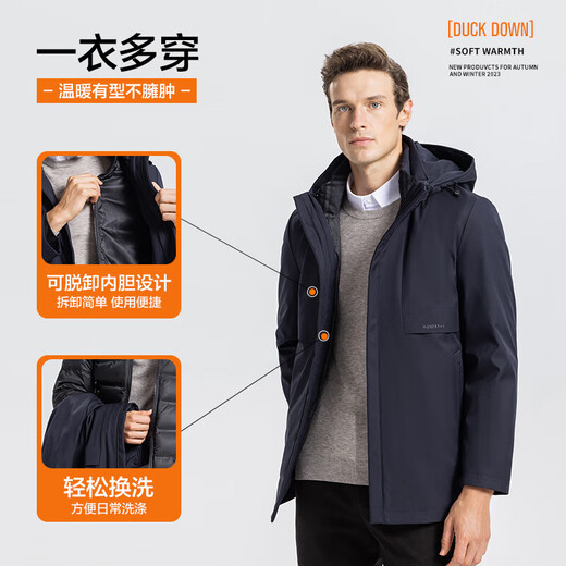 SHANSHAN Shanshan Gänsedaunen-Daunenjacke für Herren, mittellang, einteilig, fünfteilig, abnehmbares Kapuzenfutter, warme und kältebeständige Jacke, Marineblau, 2XL / 185, empfohlen 145–160 Jin Jin entspricht 0,5 kg