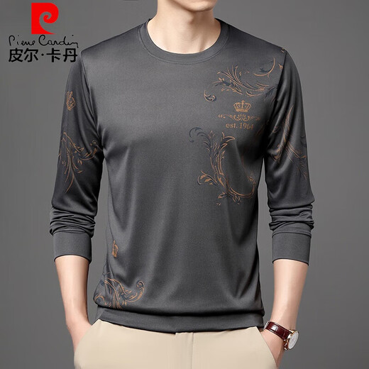 皮尔卡丹品牌高档灰色卫衣男士内搭打底衫衣服秋季新款休闲印花长袖t恤男 B6627灰色 48