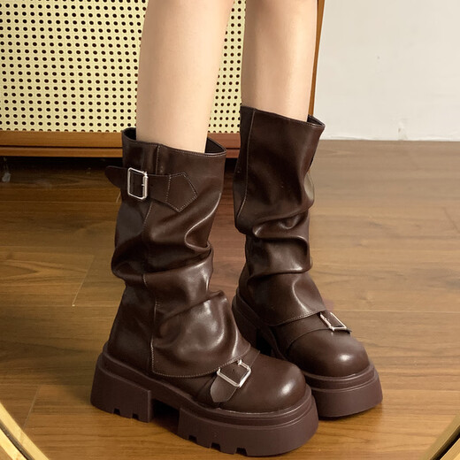 渝鼎福 马丁靴女鞋秋冬2024新款英伦风中筒靴子百搭厚底潮流套脚皮鞋 深棕色 37