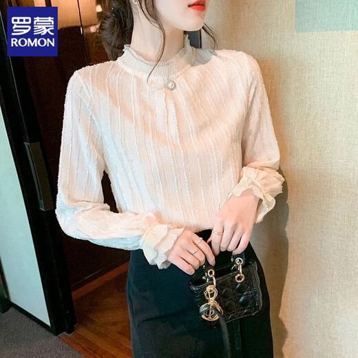 ROMON Lace Shirt Women's Spring, Autumn and Winter French Long Sleeve Fashionable 2025 New White Bottoming Top 2205 L (111-120Jin Jin equals 0.5 kg)