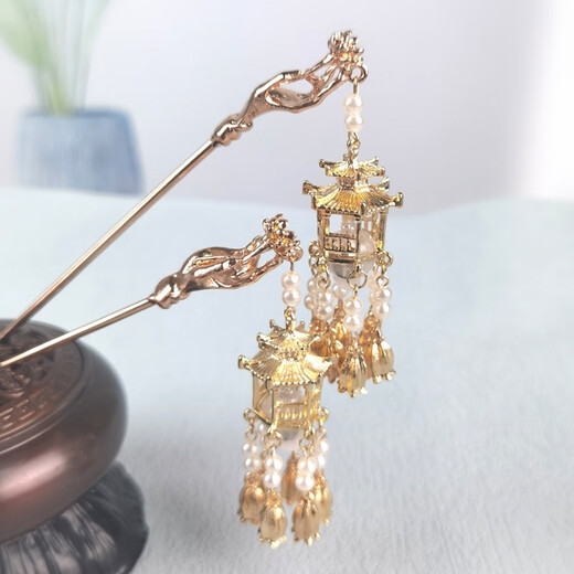 Mengyi Luminous Tassel Golden Lantern Hairpin Pavilion West Lake Palace Lantern Hairpin Hairpin Ancient Style Hair Accessory Mid-Autumn Festival Gift Phoenix Crown + Palace Lantern 2