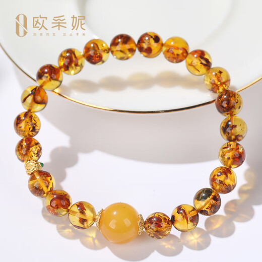 OUCERNY flower amber bracelet natural amber beeswax round beads multi-treasure single circle diy bracelet Baltic inscription gift