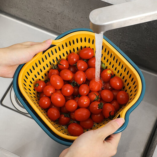 Chunshao vegetable sink kitchen drain basket washing vegetable basin vegetable basket multi-functional fruit plate vegetable basket thickened drain basket 2-piece set large blue and yellow two-color
