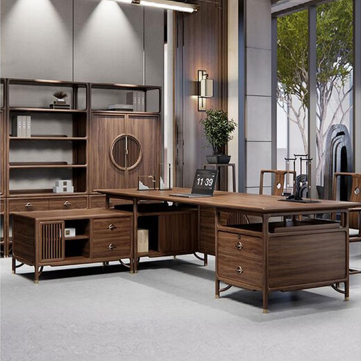 KOQUMGE New Chinese style solid wood boss desk high-end business executive black gold executive desk computer desk and chair combination 2.0m office desk (black gold)