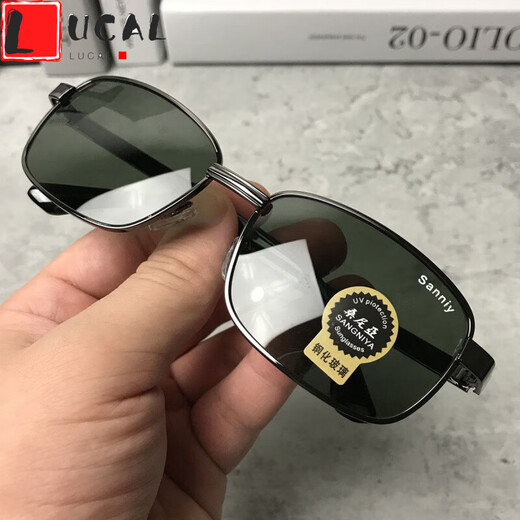 LUCALY sunglasses for driving, tempered glass lens sunglasses for men, drivers, square eyes, driving, fishing glasses, women's sunglasses, men's fashion, black frame, dark green film (high-definition tempered glass) + mirror case, mirror bag, mirror cloth