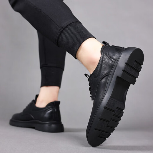 GENAI men's business casual leather shoes, genuine leather breathable work clothes, non-slip chef Martin shoes, Korean style trendy boys' small leather shoes, black genuine cowhide, size 42 (260MM)