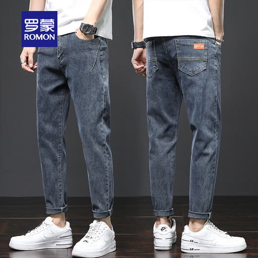 Romon jeans primavera y otoño para hombres nuevos pantalones casuales sueltos de moda recta pantalones de nueve puntos para hombres 6621 azul 33