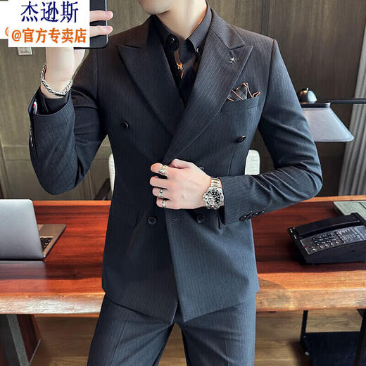 Jason's Double Breasted Suit Men's Three Piece Slim Groom Wedding Dress Complete Business Casual Suit Jacket Medium Gray (Single Suit) 4XL (Suitable for 155-170 Jin Jin equals 0.5 kg)
