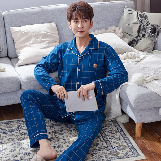 Langsha-Pyjamas für Herren im Frühjahr und Herbst aus reiner Baumwolle mit langen Ärmeln, lockerem Revers, Heimkleidung für Herren, Frühjahrs-Baumwollknopf-Hauskleidung, kann außerhalb des Anzugs getragen werden SFB3888 Herren 3XL Größe 170–185 cm/175–190 Jin Jin entspricht 0,5 kg