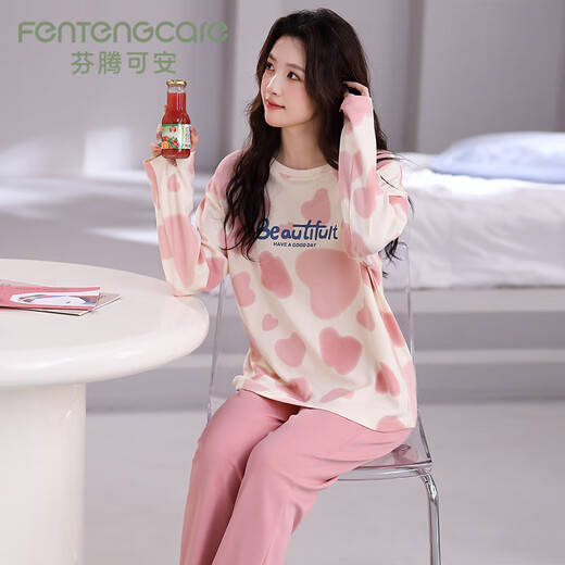 FENTENGCARE Women's Pajamas Women's Autumn and Winter New Product 100% Cotton Round Neck Pullover Long Sleeve Loose Casual Can Be Weared Outside Home Clothes Q3