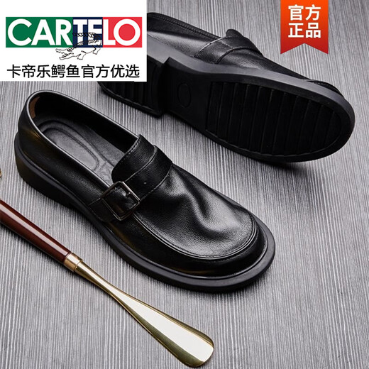 CARTELO spring and autumn breathable men's shoes soft leather business casual leather shoes genuine leather single layer cowhide round toe loose slip-on shoes black four seasons 40