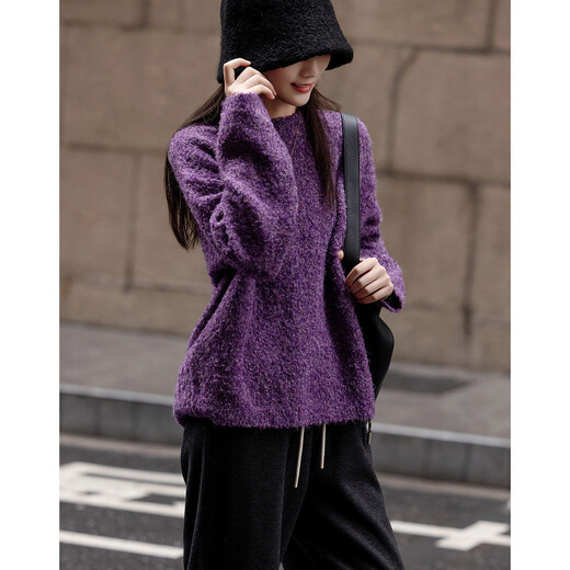 Demana Winter Dopamine Velvet Feel Fancy Wool Circle Sweater Lazy Loose Feeling Knitted Sweater Women's Top Eggplant Purple S