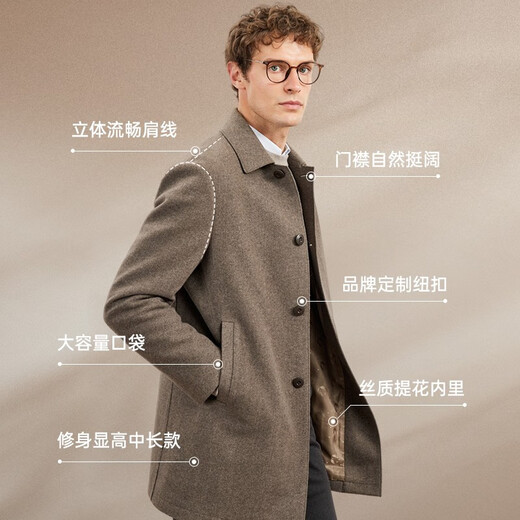 Septwolves Woolen Coat Men's Winter New Lapel Solid Color Wool Woolen Mid-Length Commuting Casual Men's Clothes 702 (Dark Apricot) XL 175/92A