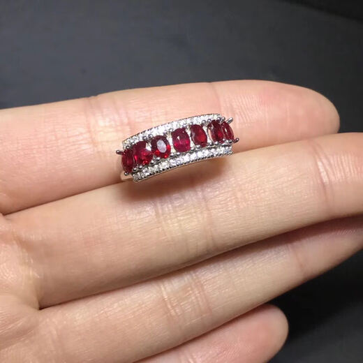 Baozha silver inlaid natural ruby ring stone size 3*4MM pigeon blood red ruby row ring live female ring
